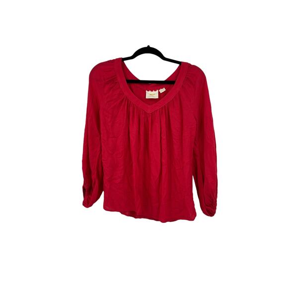 Anthropologie Top Womens 6 Boswell V-Neck Blouse Bright Red Balloon Sleeve Maeve - Picture 3 of 6